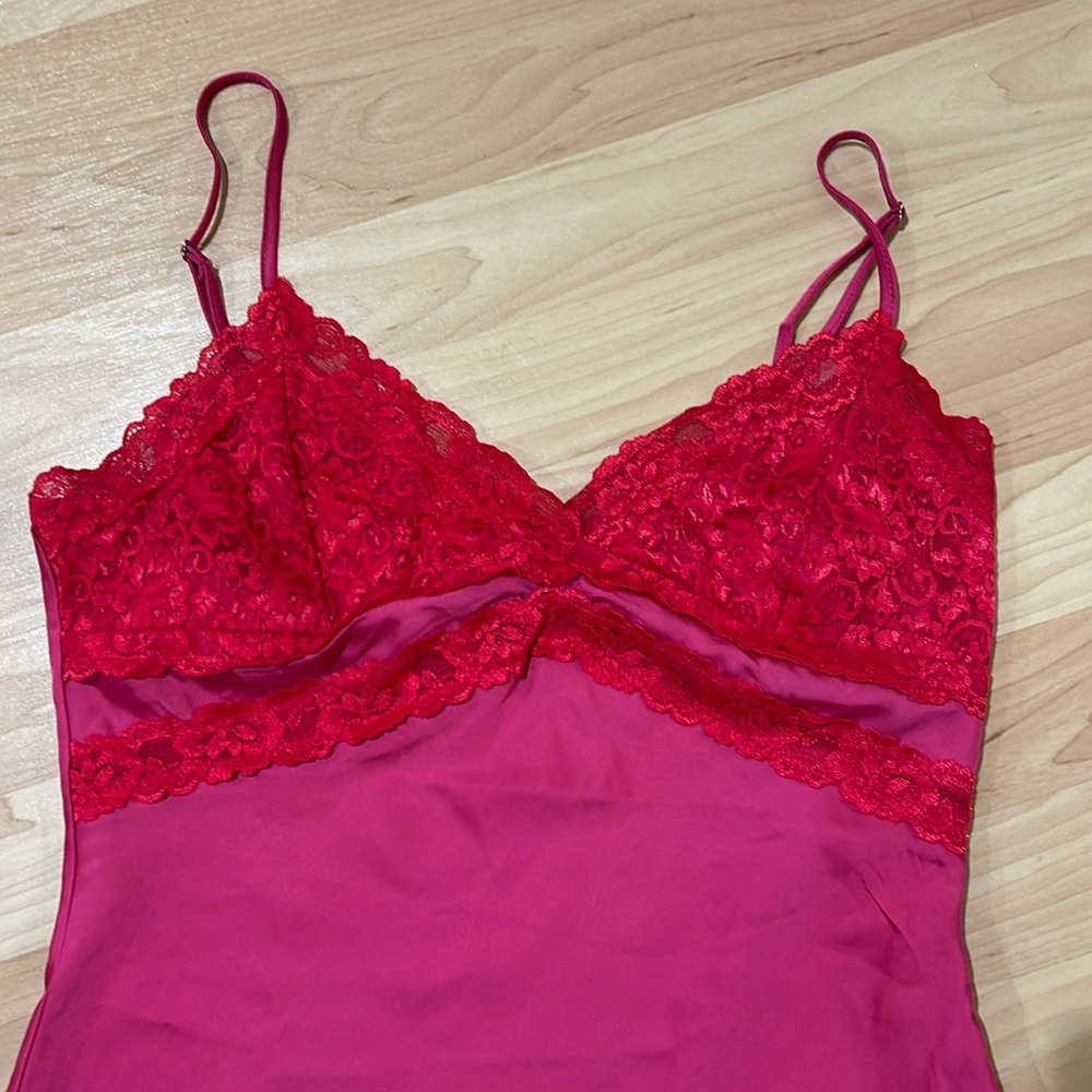 Satin slip dress with lace